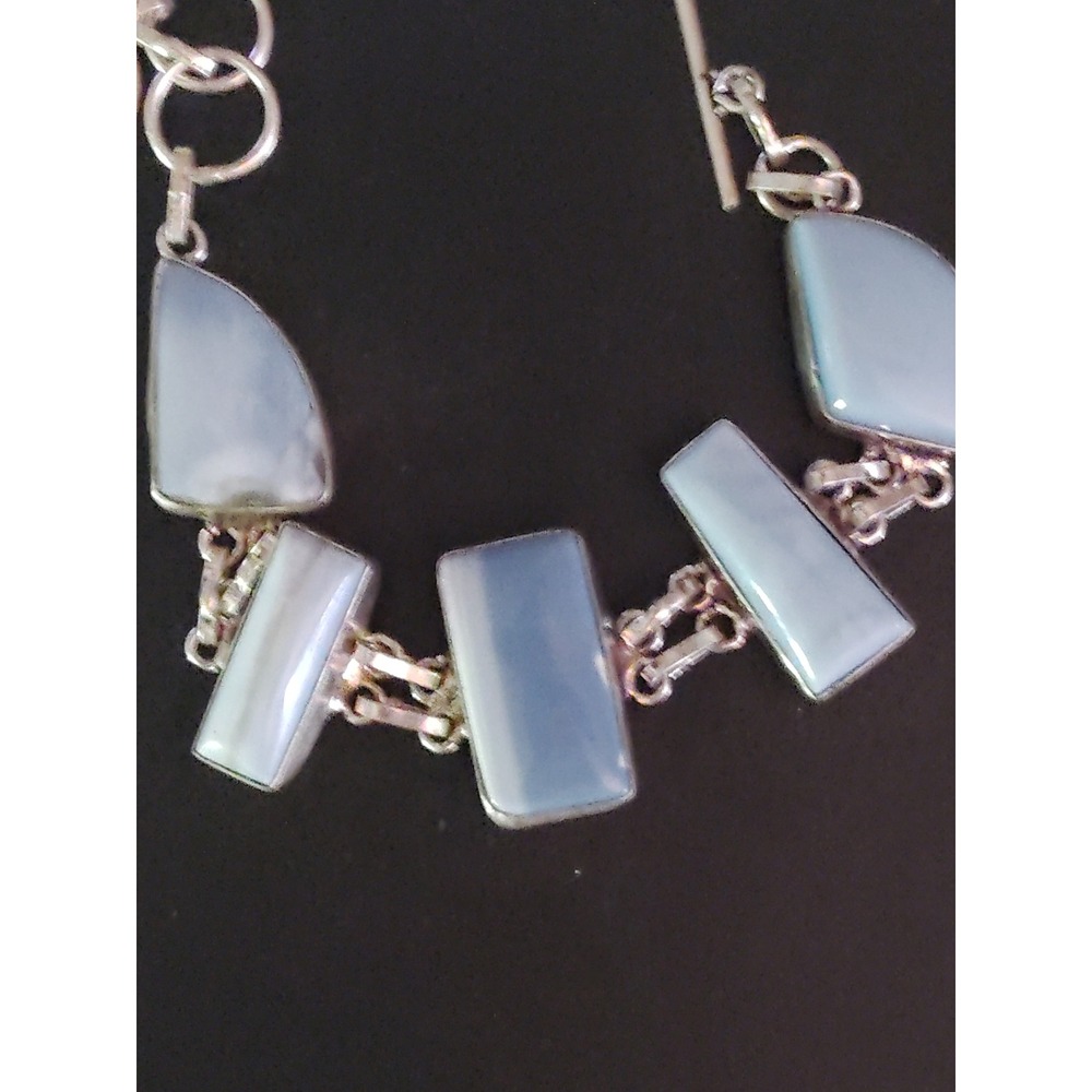 Sterling Silver Larimar Geometric Link Bracelet Blue White Stone Toggle Clasp